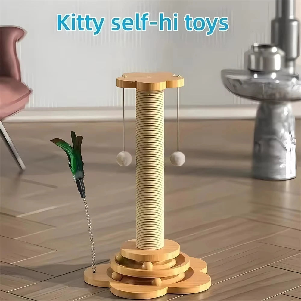 Pet Cat Toy Solid Wood Cat Turntable Funny Cat Stick Balls Durable Sisal Scratching Board Cat Supplies Cat Grab Column